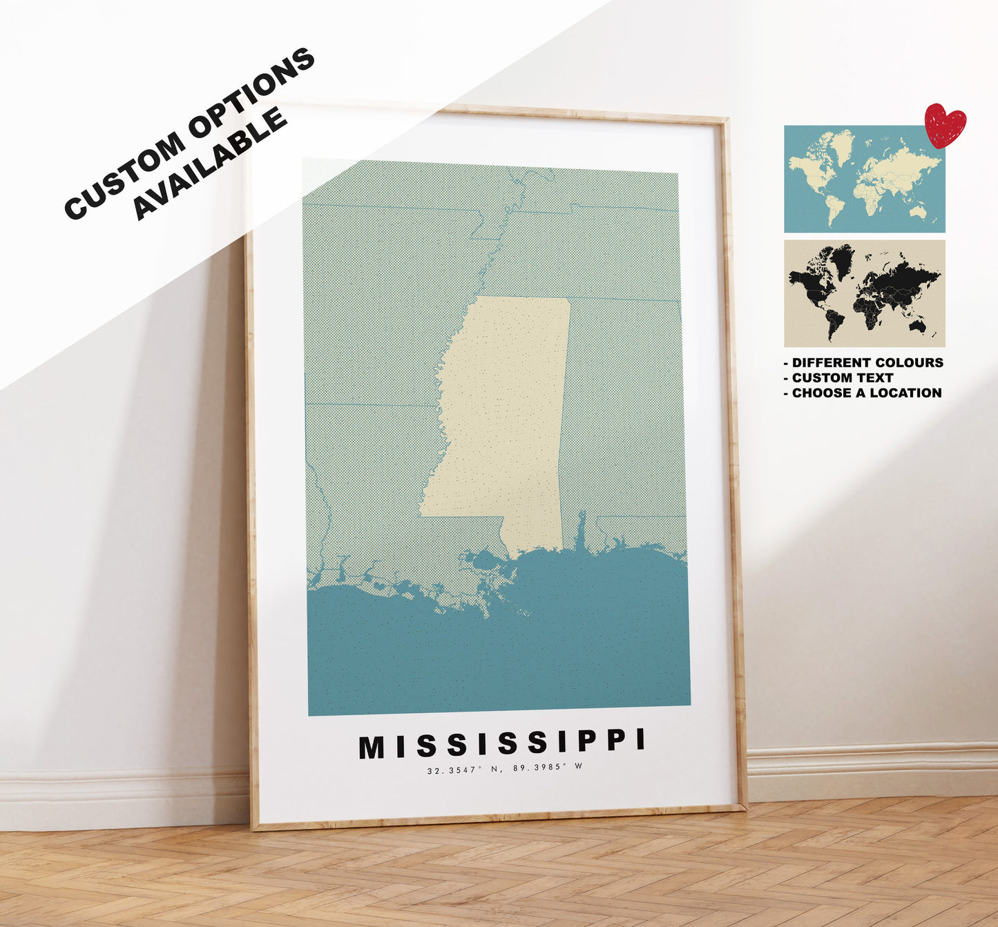 Mississippi Map Print - Personalised Map Gift - Framed or Canvas Options Available - Custom Text Options - Personalised Gift - US States & Islands