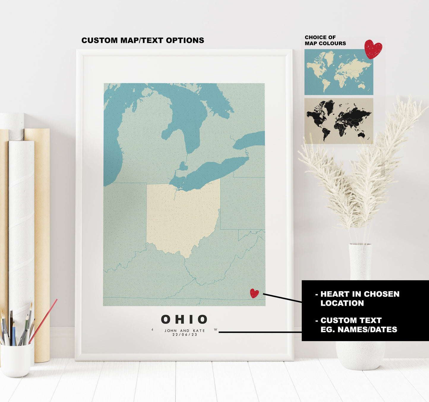 Ohio Map Print - Personalised Map Gift - Framed or Canvas Options Available - Custom Text Options - Personalised Gift - US States & Islands