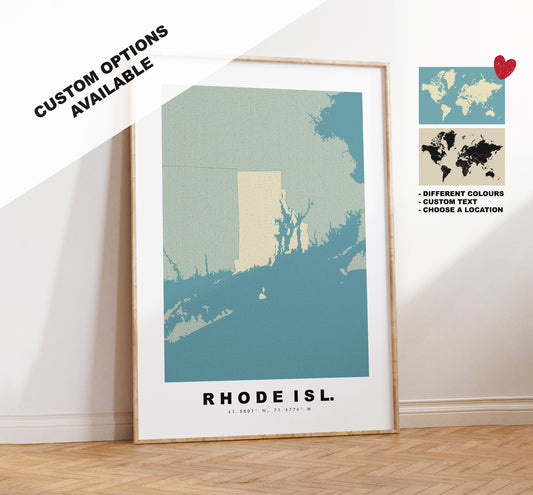 Rhode Island Map Print - Personalised Map Gift - Framed or Canvas Options Available - Custom Text Options - Personalised Gift - US States & Islands