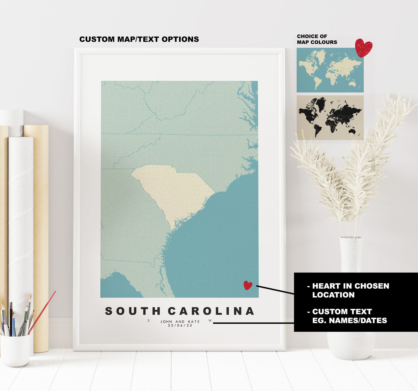 South Carolina Map Print - Personalised Map Gift - Framed or Canvas Options Available - Custom Text Options - Personalised Gift - US States & Islands