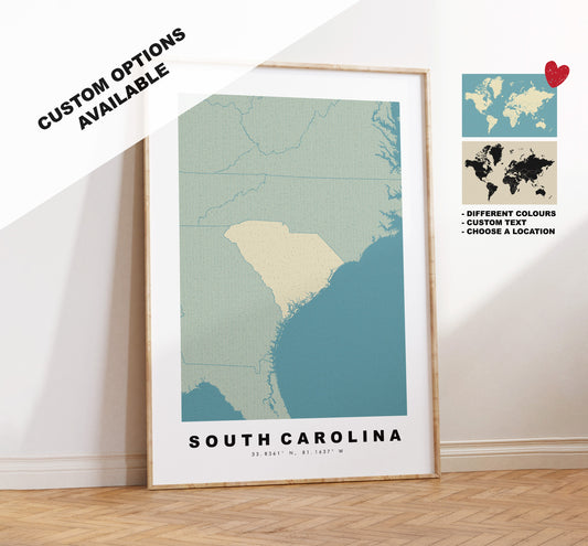 South Carolina Map Print - Personalised Map Gift - Framed or Canvas Options Available - Custom Text Options - Personalised Gift - US States & Islands