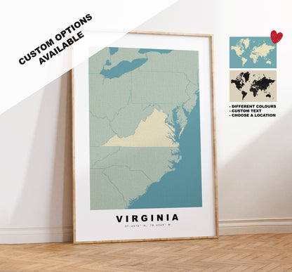 Virginia Map Print - Personalised Map Gift - Framed or Canvas Options Available - Custom Text Options - Personalised Gift - US States & Islands