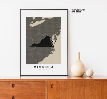 Virginia Map Print - Personalised Map Gift - Framed or Canvas Options Available - Custom Text Options - Personalised Gift - US States & Islands