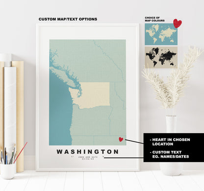 Washington State Map Print - Personalised Map Gift - Framed or Canvas Options Available - Custom Text Options - Personalised Gift - US States and Islands