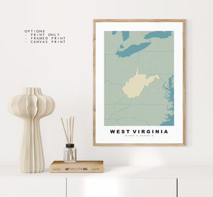 West Virginia Map Print - Personalised Map Gift - Framed or Canvas Options Available - Custom Text Options - Personalised Gift - US States and Islands