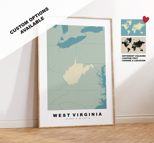 West Virginia Map Print - Personalised Map Gift - Framed or Canvas Options Available - Custom Text Options - Personalised Gift - US States and Islands