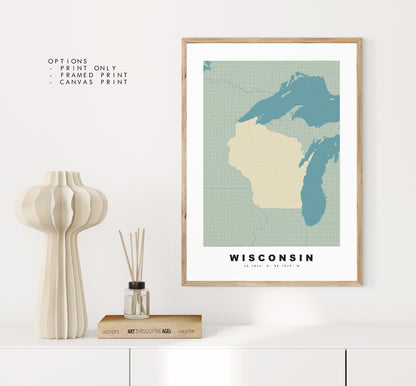 Wisconsin Map Print - Personalised Map Gift - Framed or Canvas Options Available - Custom Text Options - Personalised Gift - US States and Islands