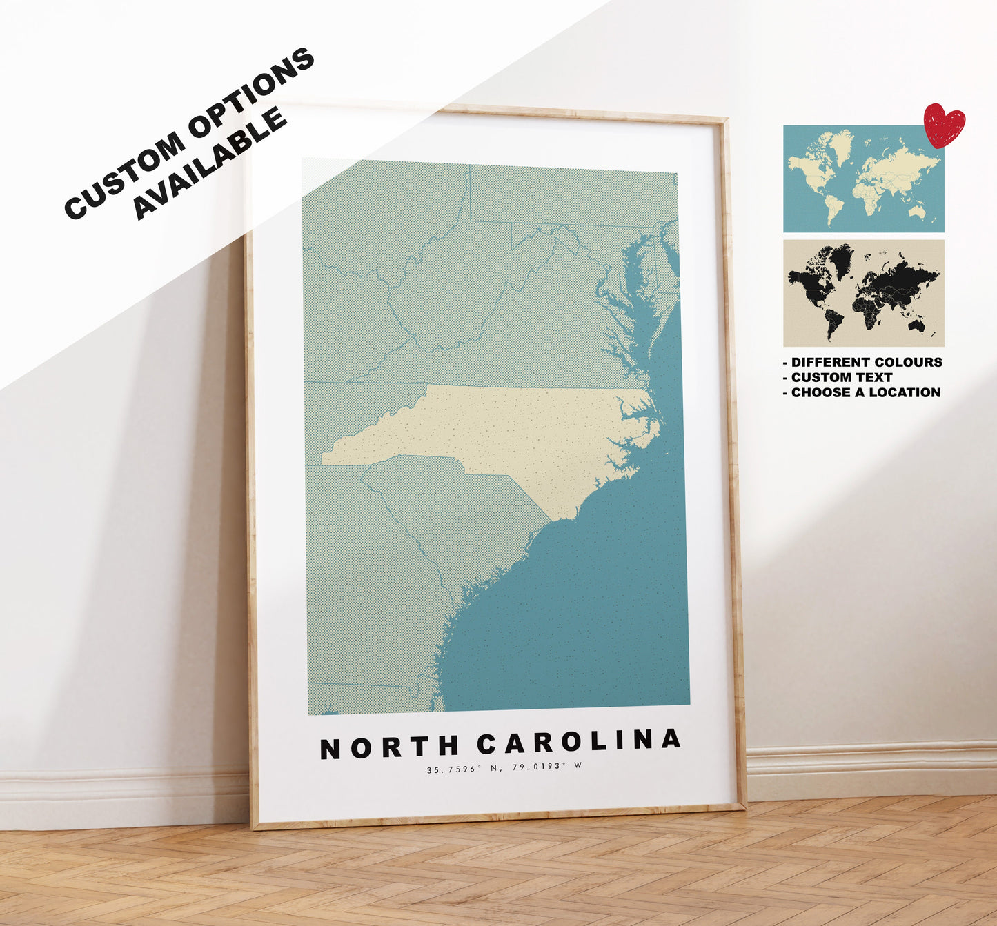 North Carolina Map Print - Personalised Map Gift - Framed or Canvas Options Available - Custom Text Options - Personalised Gift - US States & Islands