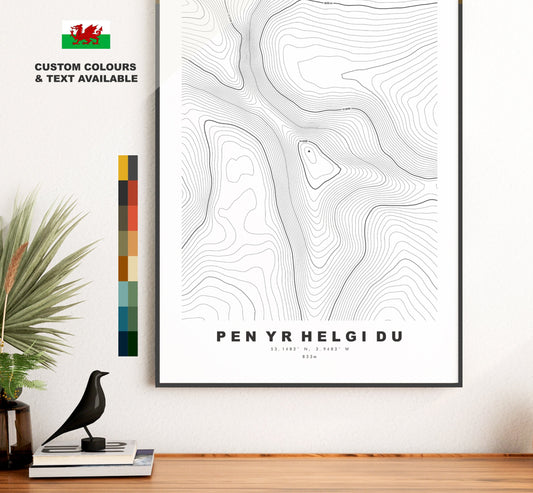 Pen Yr Helgi Du Print - Contour Map - Snowdonia - Wales - Topographic Map - Print - Poster - Wall Art -  Pen Yr Helgi Du Poster - Topography