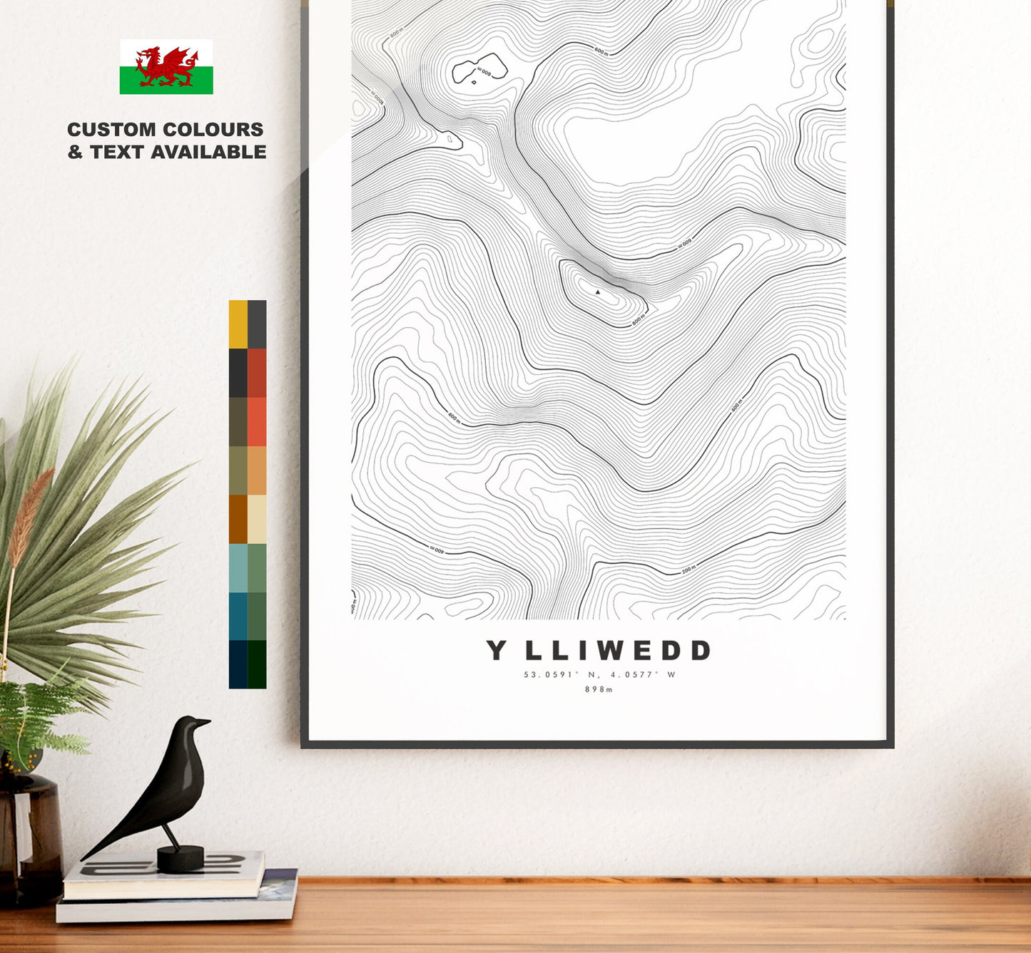 Y Lliwedd Print - Contour Map - Snowdonia - Wales - Topographic Map - Print - Poster - Wall Art -  Y Lliwedd Poster - Gift - Topography