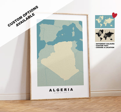 Algeria Map Print - Personalised Map Gift - Framed or Canvas Options Available - Custom Text Options - Personalised Gift - Africa