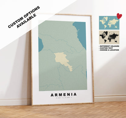 Armenia Map Print - Personalised Map Gift - Framed or Canvas Options Available - Custom Text Options - Personalised Gift - Europe