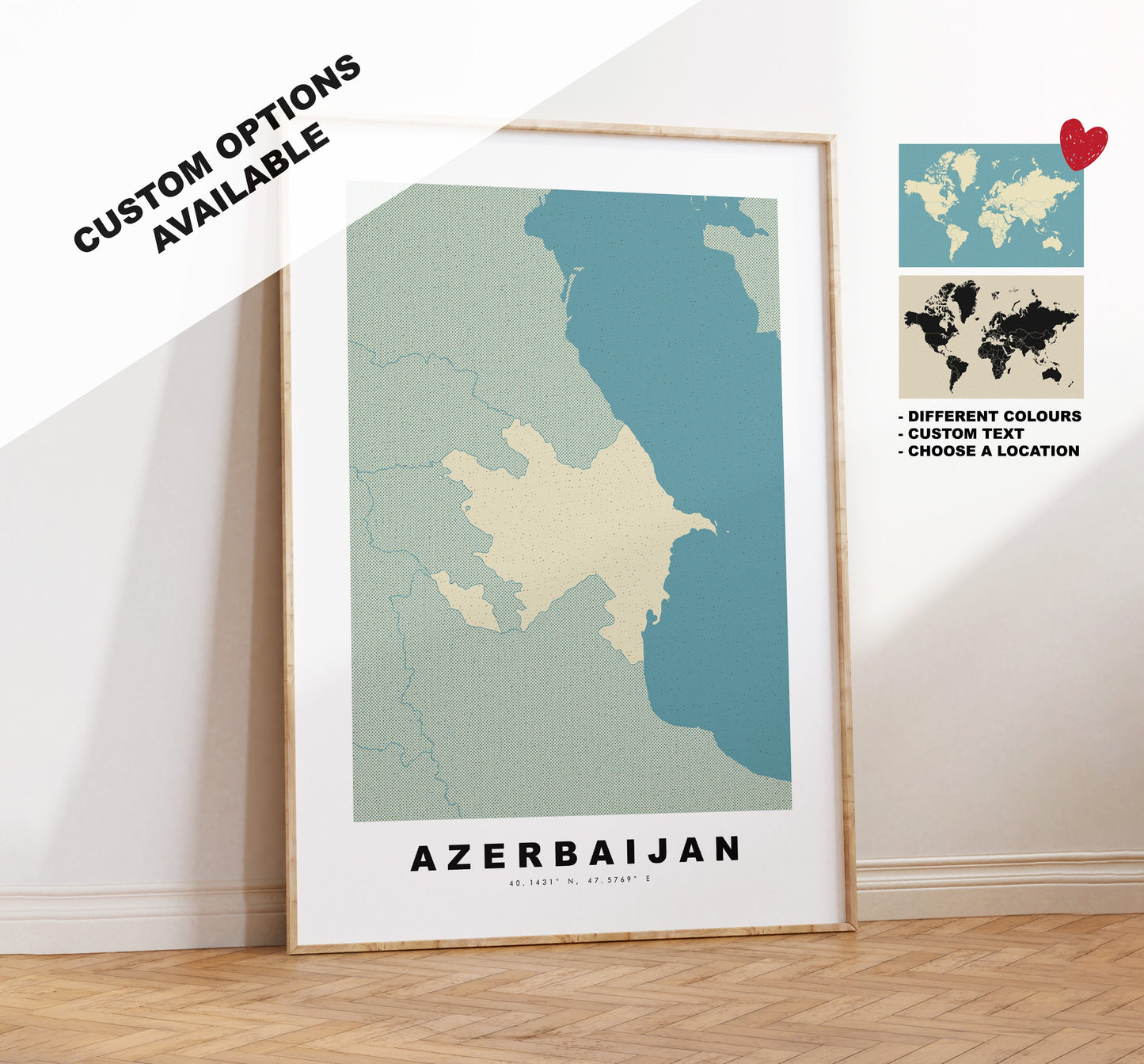 Azerbaijan Map Print - Personalised Map Gift - Framed or Canvas Options Available - Custom Text Options - Personalised Gift - Europe