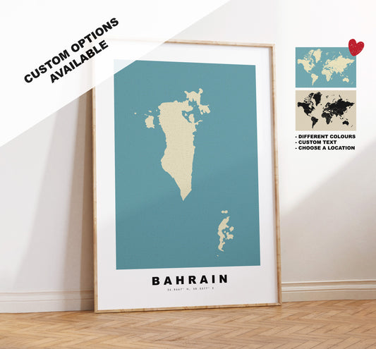 Bahrain Map Print - Personalised Map Gift - Framed or Canvas Options Available - Custom Text Options - Personalised Gift - Asia