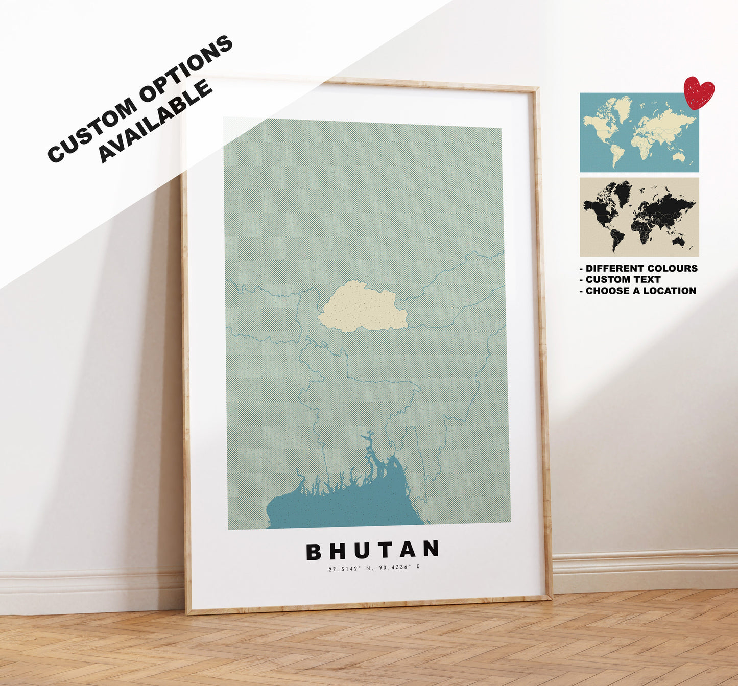 Bhutan Map Print - Personalised Map Gift - Framed or Canvas Options Available - Custom Text Options - Personalised Gift - Asia