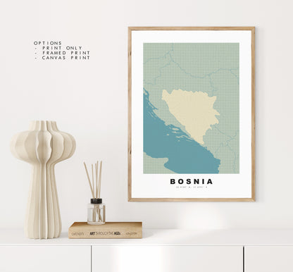 Bosnia Map Print - Personalised Map Gift - Framed or Canvas Options Available - Custom Text Options - Personalised Gift - Europe