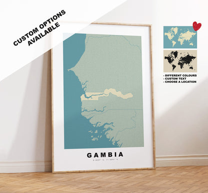 Gambia Map Print - Personalised Map Gift - Framed or Canvas Options Available - Custom Text Options - Personalised Gift - Africa