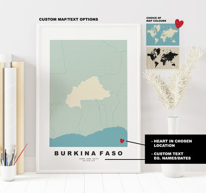 Burkina Faso Map Print - Personalised Map Gift - Framed or Canvas Options Available - Custom Text Options - Personalised Gift - Africa