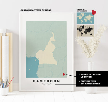 Cameroon Map Print - Personalised Map Gift - Framed or Canvas Options Available - Custom Text Options - Personalised Gift - Africa