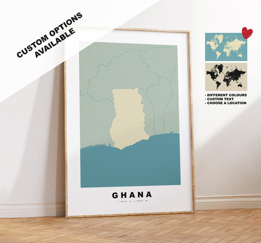 Ghana Map Print - Personalised Map Gift - Framed or Canvas Options Available - Custom Text Options - Personalised Gift - Africa