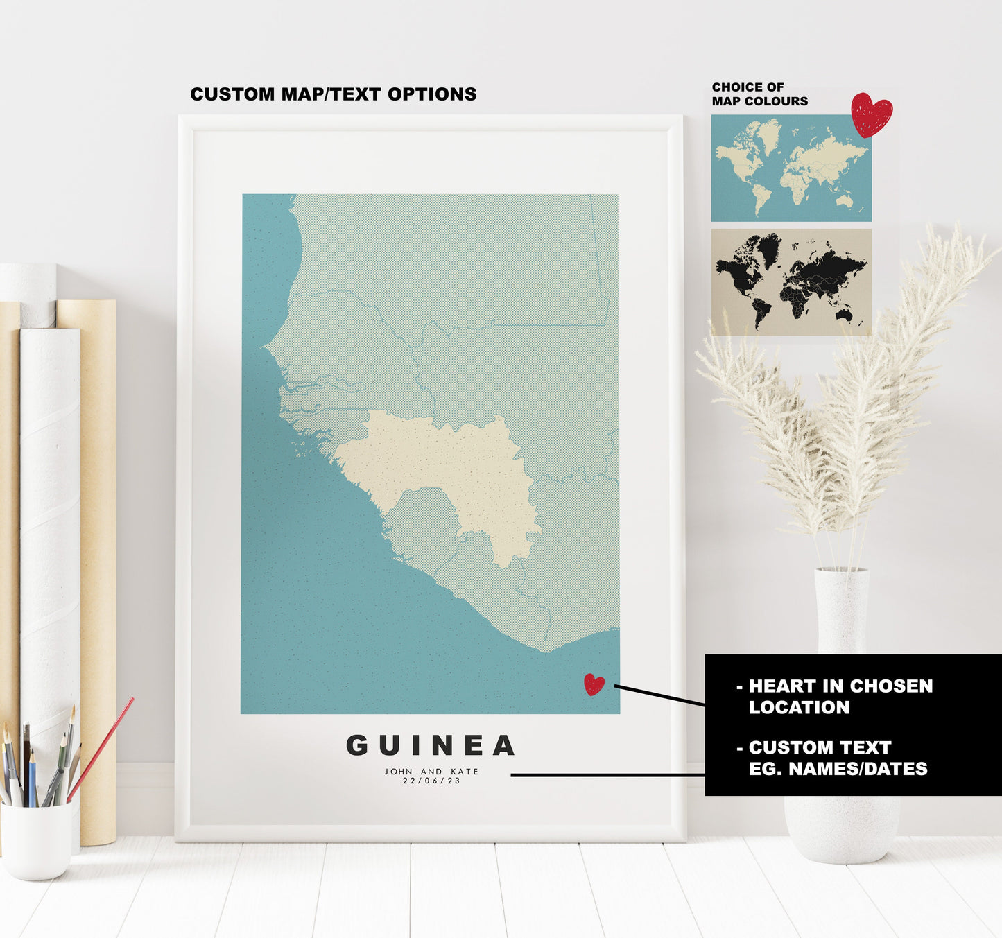 Guinea Map Print - Personalised Map Gift - Framed or Canvas Options Available - Custom Text Options - Personalised Gift - Africa