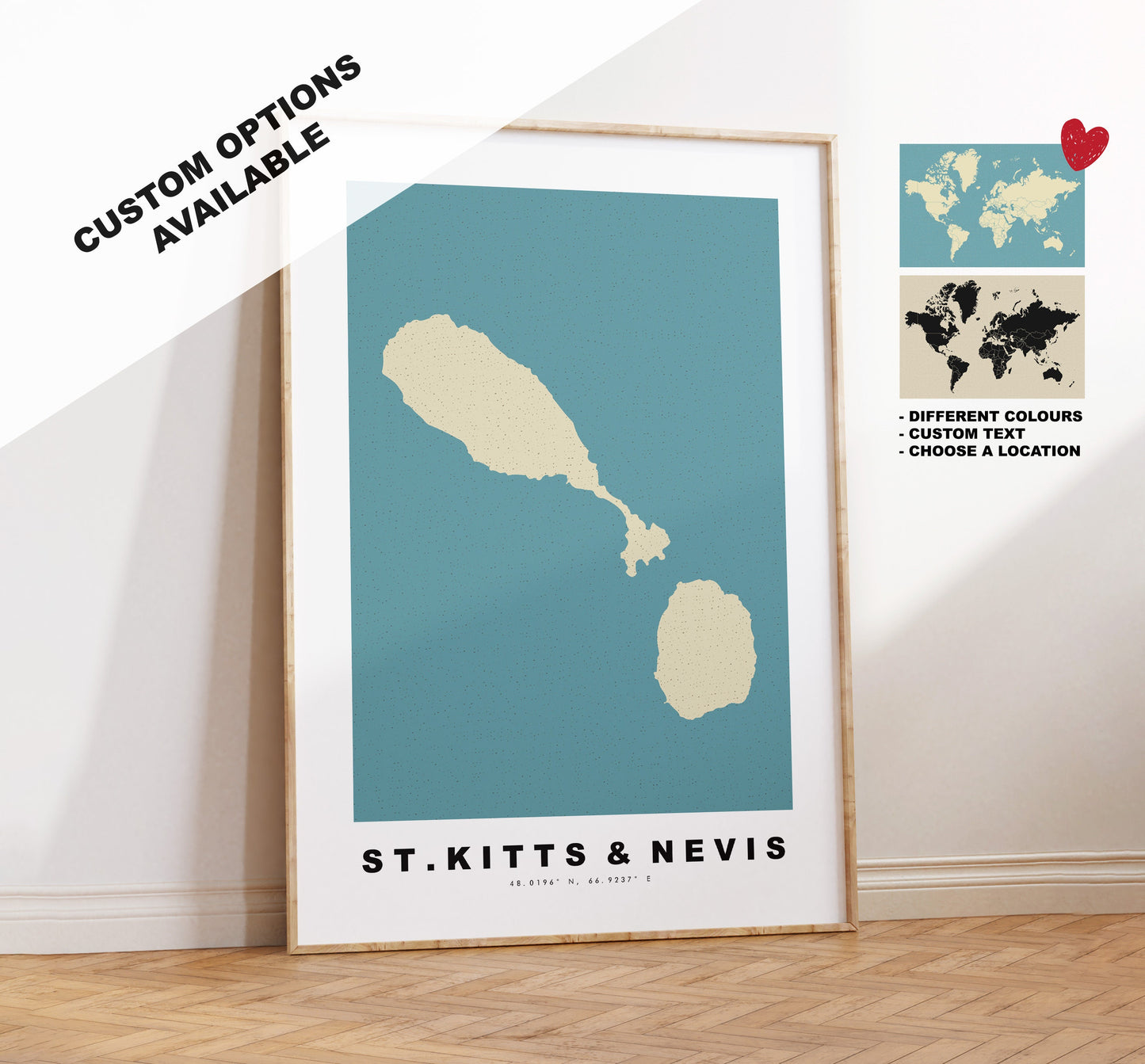 Saint Kitts and Nevis Map Print - Personalised Map Gift - Framed or Canvas Options Available - Custom Text Options - Personalised Gift - Caribbean