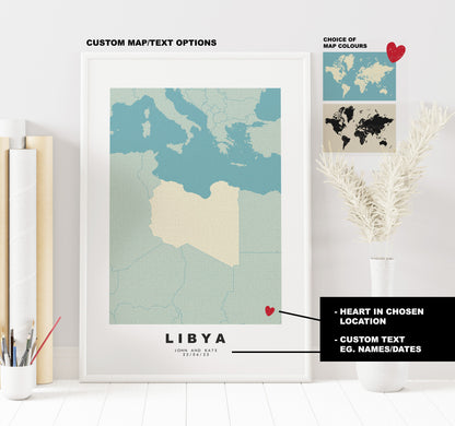 Libya Map Print - Personalised Map Gift - Framed or Canvas Options Available - Custom Text Options - Personalised Gift - Africa