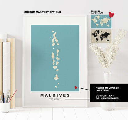 Maldives Map Print - Personalised Map Gift - Framed or Canvas Options Available - Custom Text Options - Personalised Gift - Asia