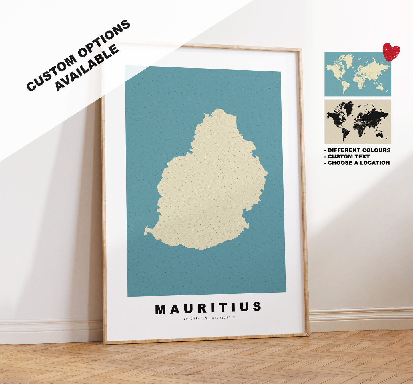 Mauritius Map Print - Personalised Map Gift - Framed or Canvas Options Available - Custom Text Options - Personalised Gift - Caribbean