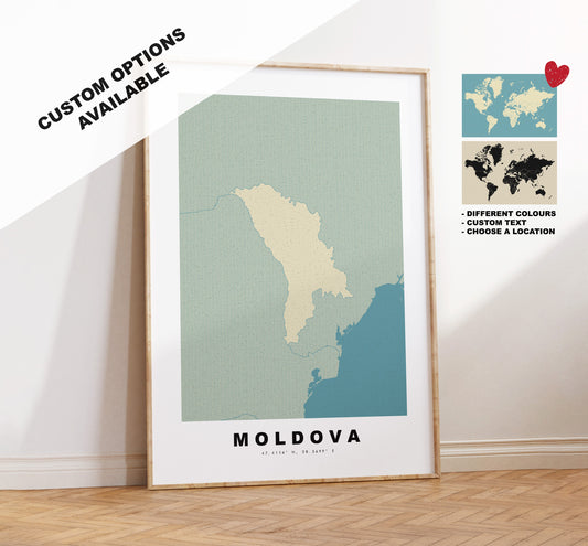 Moldova Map Print - Personalised Map Gift - Framed or Canvas Options Available - Custom Text Options - Personalised Gift - Europe