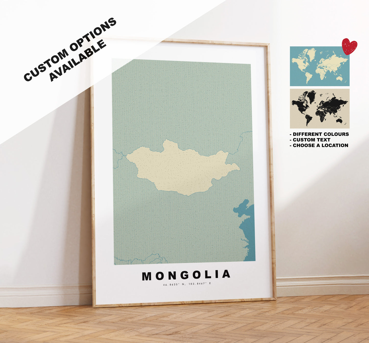 Mongolia Map Print - Personalised Map Gift - Framed or Canvas Options Available - Custom Text Options - Personalised Gift - Asia