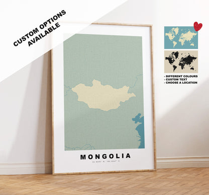 Mongolia Map Print - Personalised Map Gift - Framed or Canvas Options Available - Custom Text Options - Personalised Gift - Asia