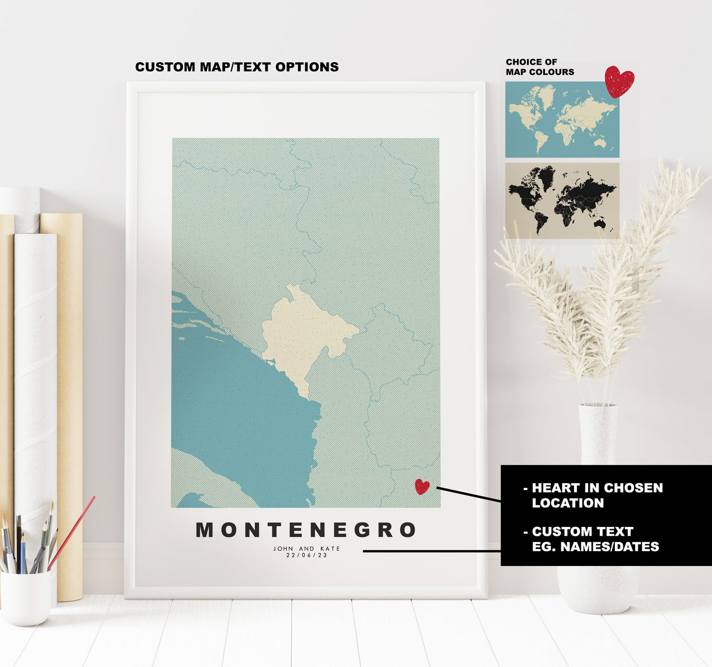 Montenegro Map Print - Personalised Map Gift - Framed or Canvas Options Available - Custom Text Options - Personalised Gift - Europe