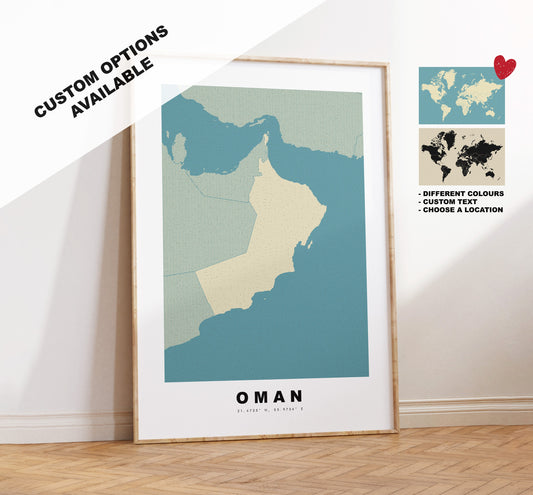 Oman Map Print - Personalised Map Gift - Framed or Canvas Options Available - Custom Text Options - Personalised Gift - Middle East