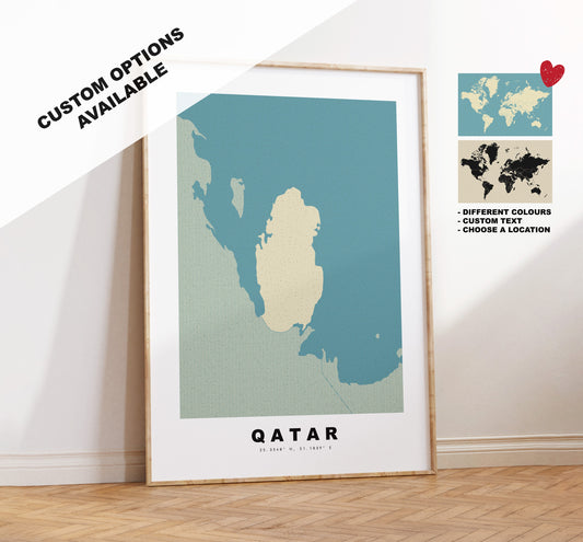 Qatar Map Print - Personalised Map Gift - Framed or Canvas Options Available - Custom Text Options - Personalised Gift - Middle East