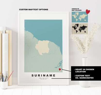 Suriname Map Print - Personalised Map Gift - Framed or Canvas Options Available - Custom Text Options - Personalised Gift - South America