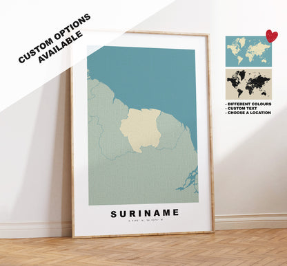 Suriname Map Print - Personalised Map Gift - Framed or Canvas Options Available - Custom Text Options - Personalised Gift - South America