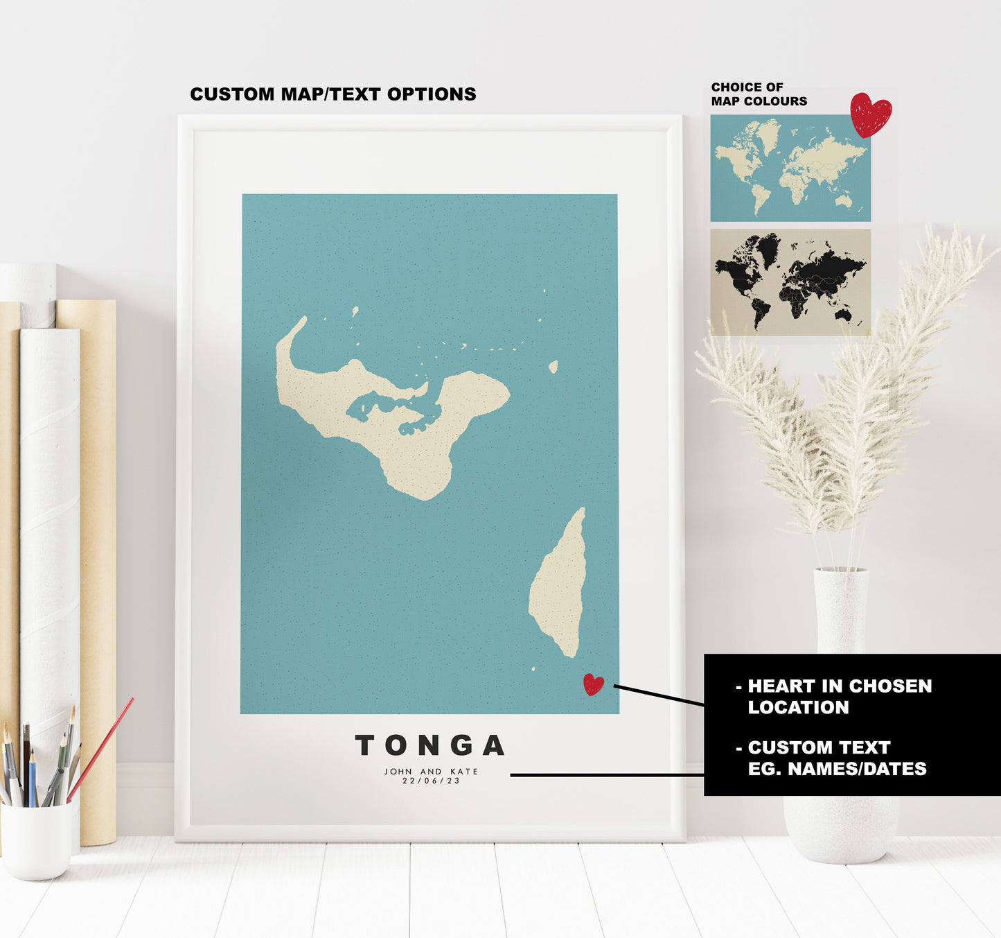 Tonga Map Print - Personalised Map Gift - Framed or Canvas Options Available - Custom Text Options - Personalised Gift - Oceania