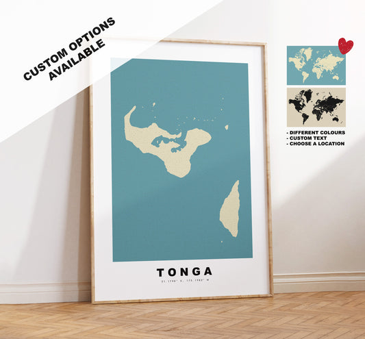 Tonga Map Print - Personalised Map Gift - Framed or Canvas Options Available - Custom Text Options - Personalised Gift - Oceania