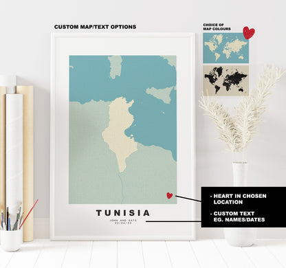 Tunisia Map Print - Personalised Map Gift - Framed or Canvas Options Available - Custom Text Options - Personalised Gift - Africa