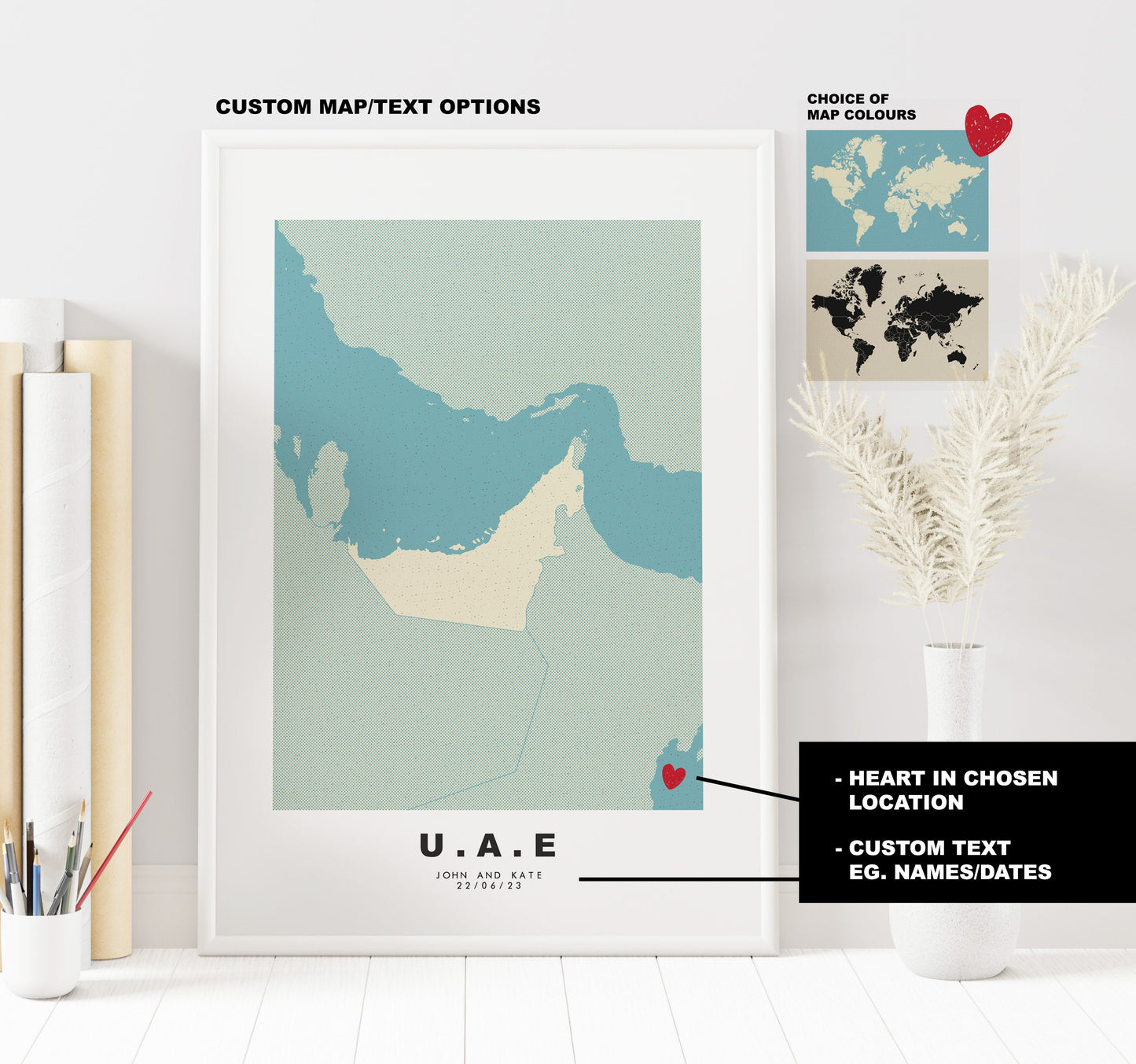 United Arab Emirates Map Print - Personalised Map Gift - Framed or Canvas Options Available - Custom Text Options - Personalised Gift - Middle East