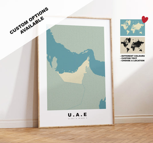 United Arab Emirates Map Print - Personalised Map Gift - Framed or Canvas Options Available - Custom Text Options - Personalised Gift - Middle East