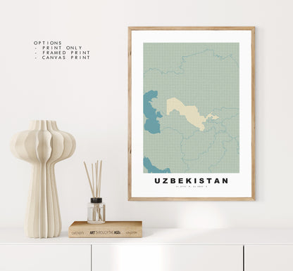 Uzbekistan Map Print - Personalised Map Gift - Framed or Canvas Options Available - Custom Text Options - Personalised Gift - Asia