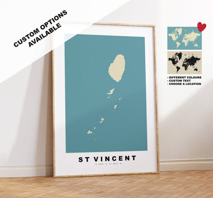 Vincent and the Grenadines Map Print - Personalised Map Gift - Framed or Canvas Options Available - Custom Text Options - Personalised Gift - Caribbean