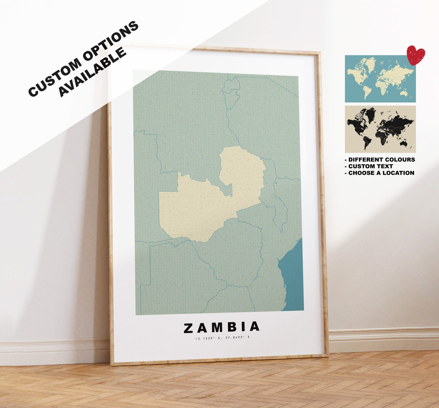 Zambia Map Print - Personalised Map Gift - Framed or Canvas Options Available - Custom Text Options - Personalised Gift - Africa