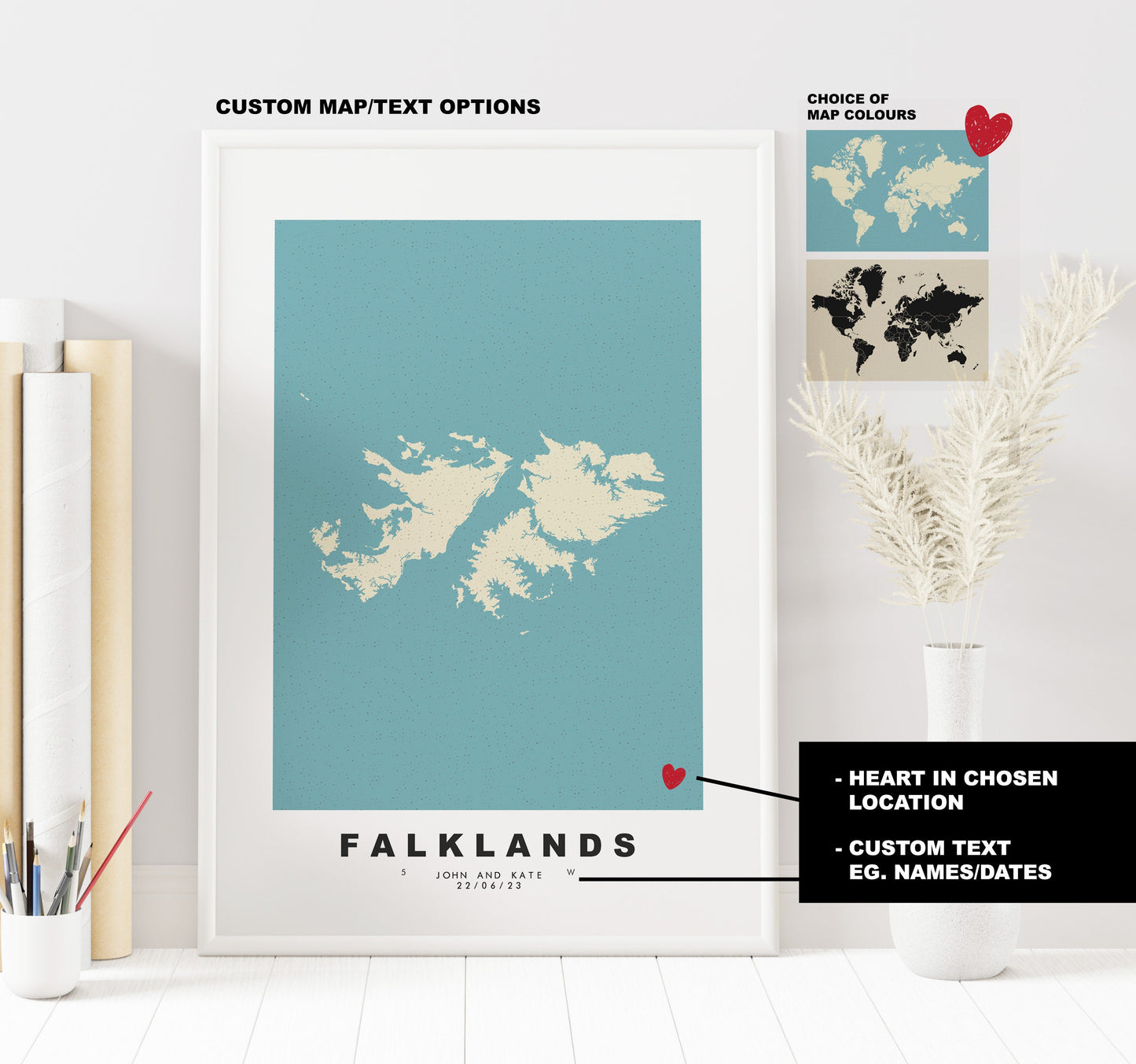 Falkland Islands Map Print - Personalised Map Gift - Framed or Canvas Options Available - Custom Text Options - Personalised Gift - South America