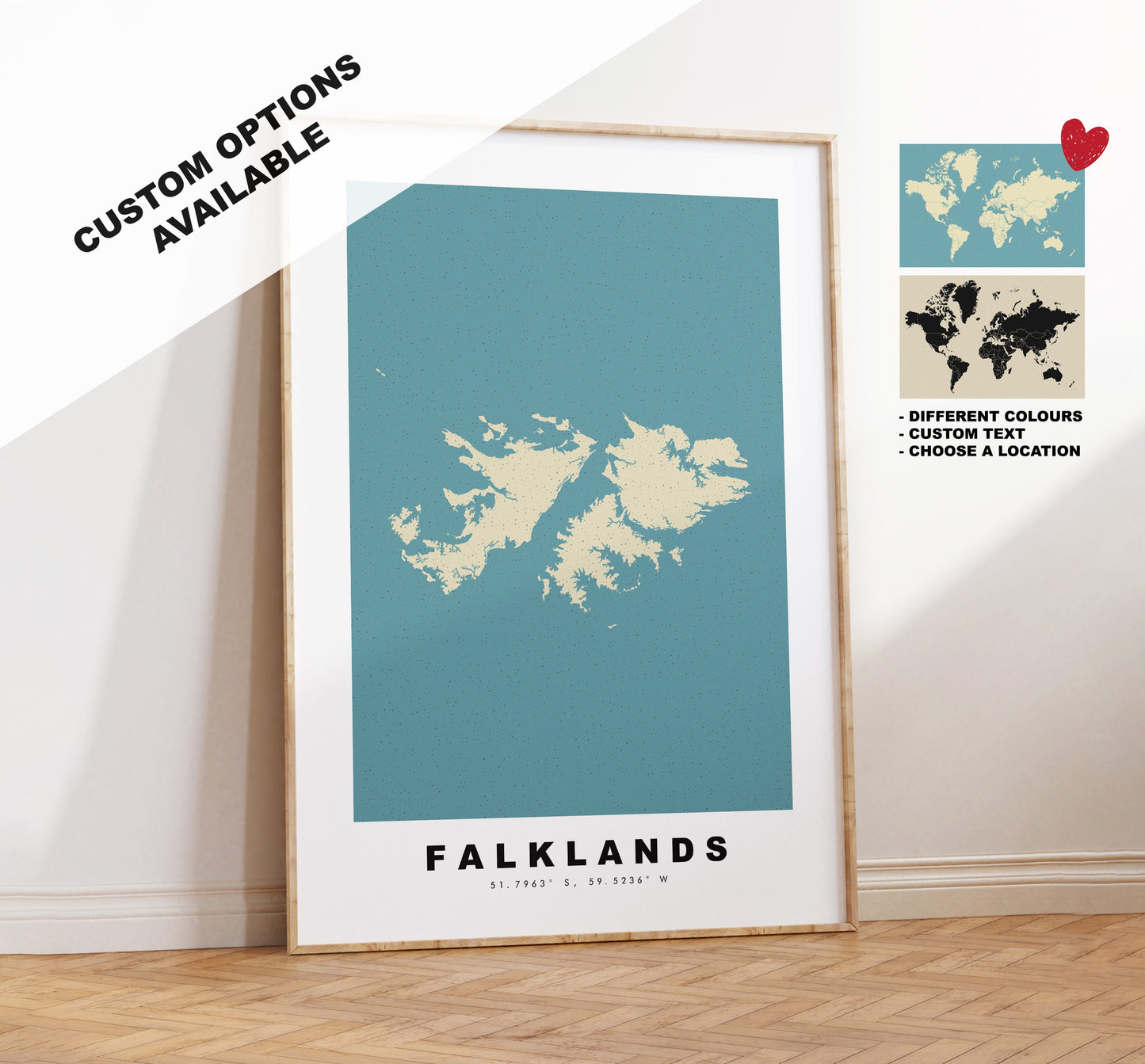 Falkland Islands Map Print - Personalised Map Gift - Framed or Canvas Options Available - Custom Text Options - Personalised Gift - South America