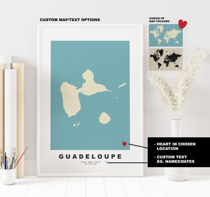 Guadeloupe Map Print - Personalised Map Gift - Framed or Canvas Options Available - Custom Text Options - Personalised Gift - Caribbean