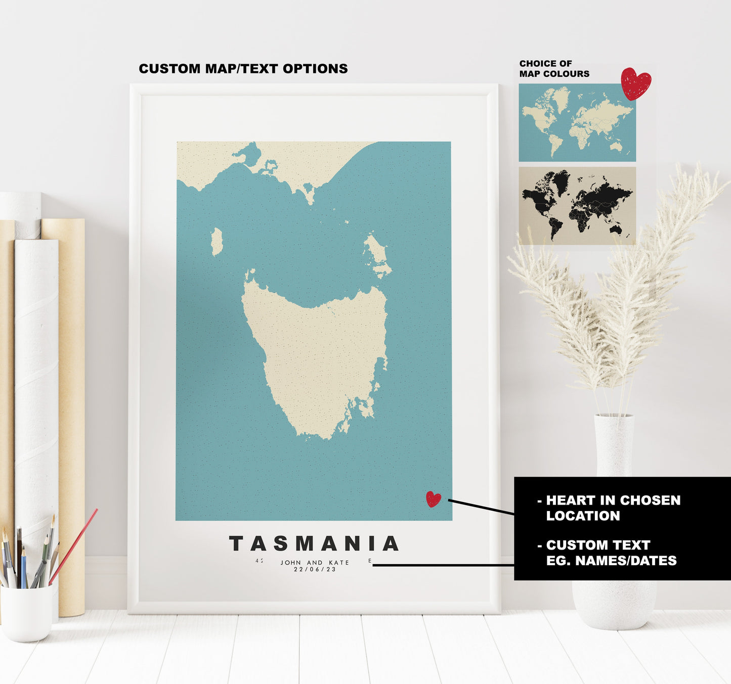 Tasmania Map Print - Personalised Map Gift - Framed or Canvas Options Available - Custom Text Options - Personalised Gift - Oceania