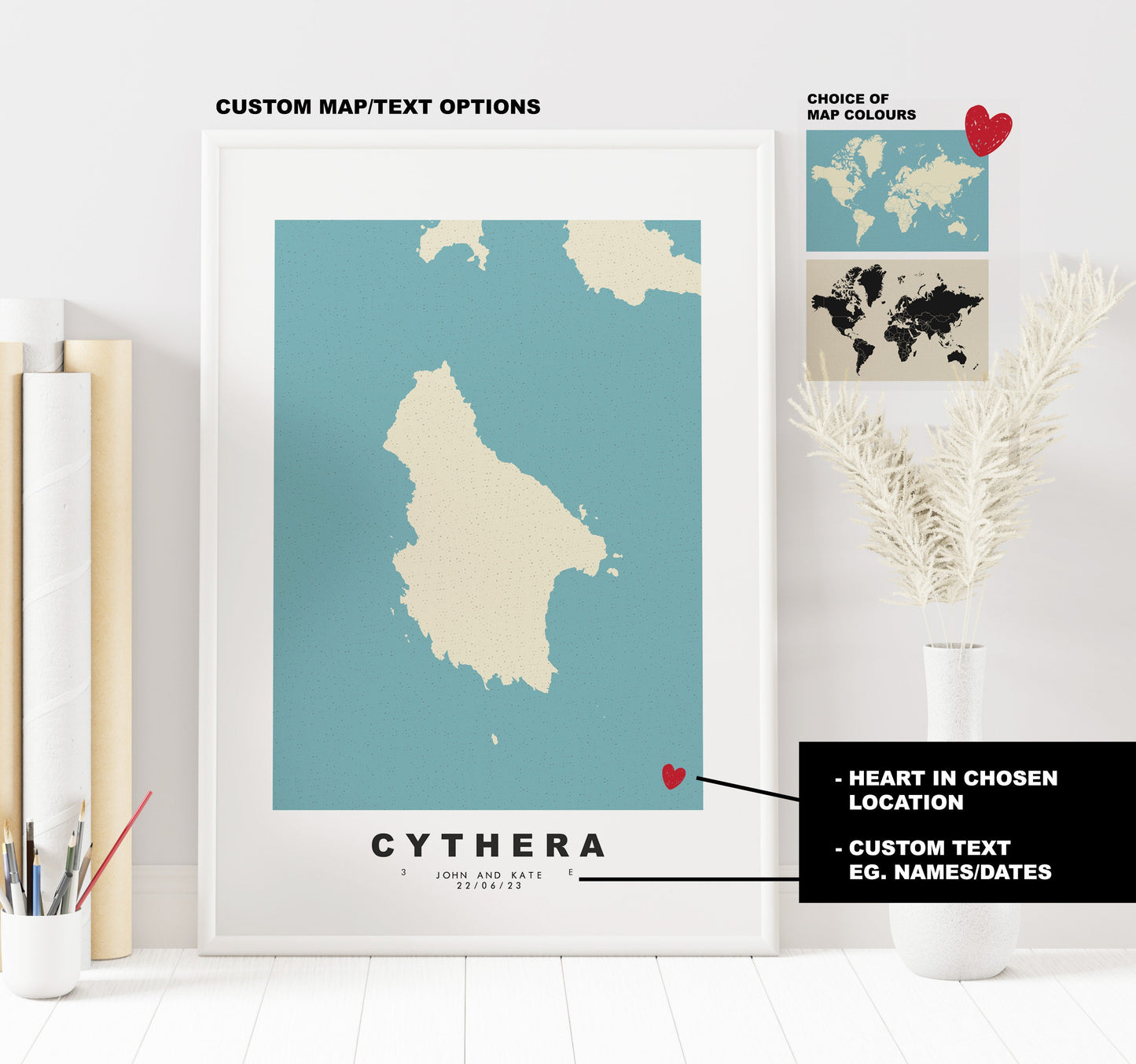 Cythera Map Print - Personalised Map Gift - Framed or Canvas Options Available - Custom Text Options - Personalised Gift - Greece & Islands